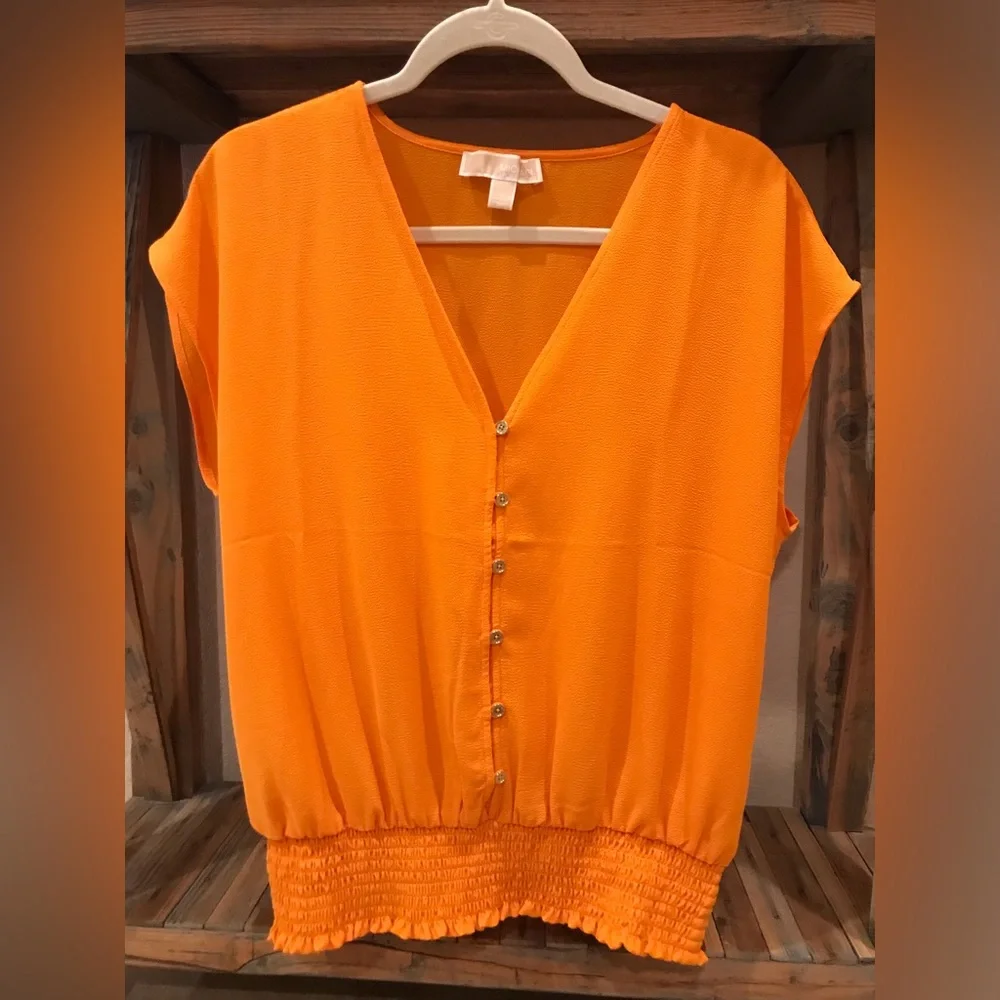 *Michael Kors* Shirt Bundle Orange Button-Down Blouse & Striped Shirt (Size L) - Picture 4 of 12